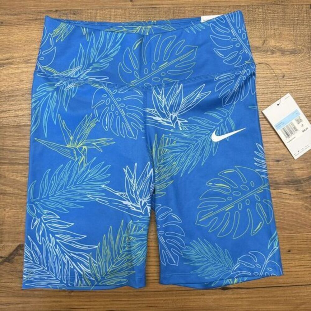 NWT $50 NIKE Dri-Fit Women's M Training 7" Shorts Blue‎ Palm Leaves DV9681 Run
